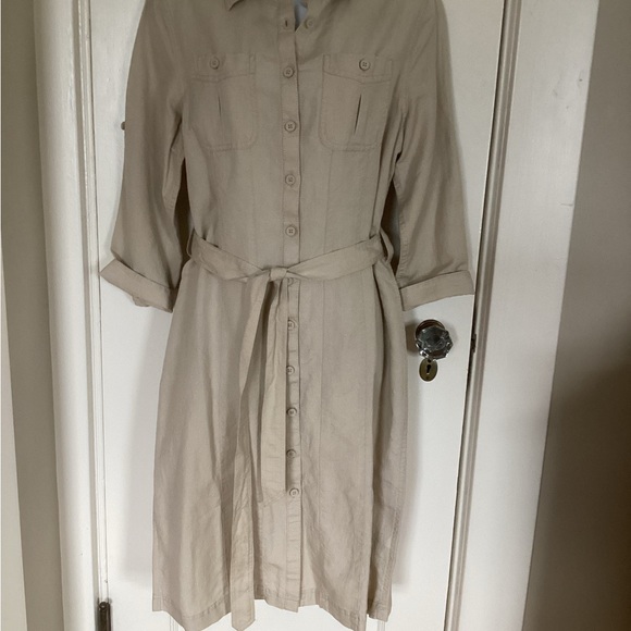 NWOT LL Bean tan linen cotton belted shirt dress MED REG 3/4 sleeve Never Worn - Picture 4 of 14